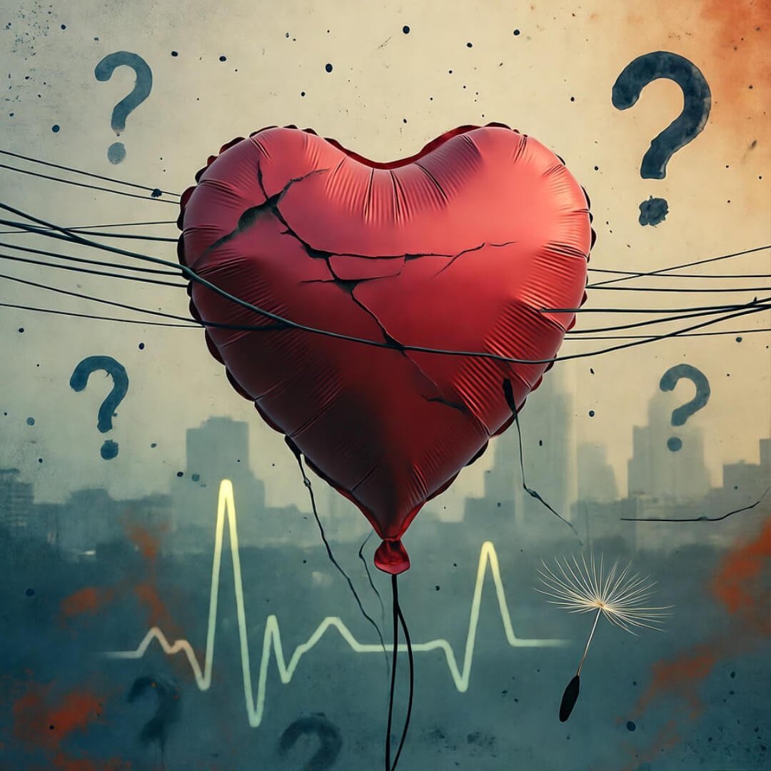 How Air Pollution Is Silently Harming Your Heart Cracked red heart balloon tangled in smoggy power lines, EKG pulse, dandelion seed drifting.
