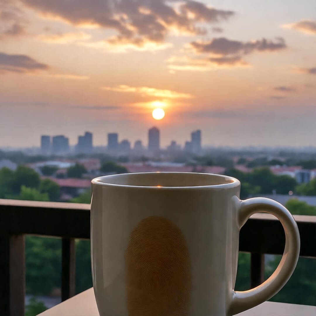 5 Cities with the Worst Air Quality in the U.S. (You’ll Be Shocked) Hazy sunrise over polluted city skyline, coffee mug with fingerprint smudge in foreground.