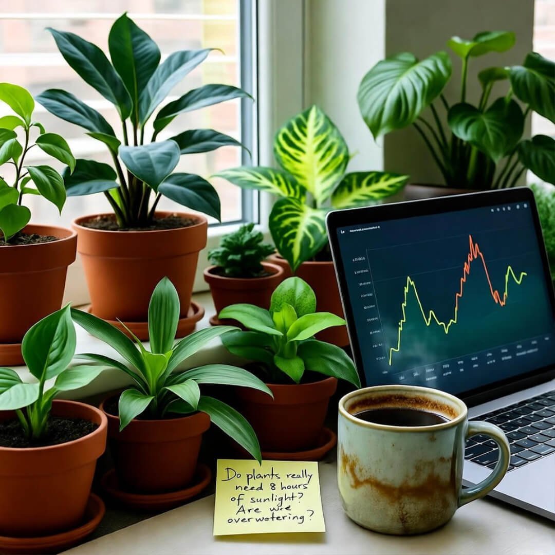 Cluttered windowsill with houseplants, laptop graphs, coffee mug, and plant myth sticky note. Cluttered windowsill with houseplants, laptop graphs, coffee mug, and plant myth sticky note.