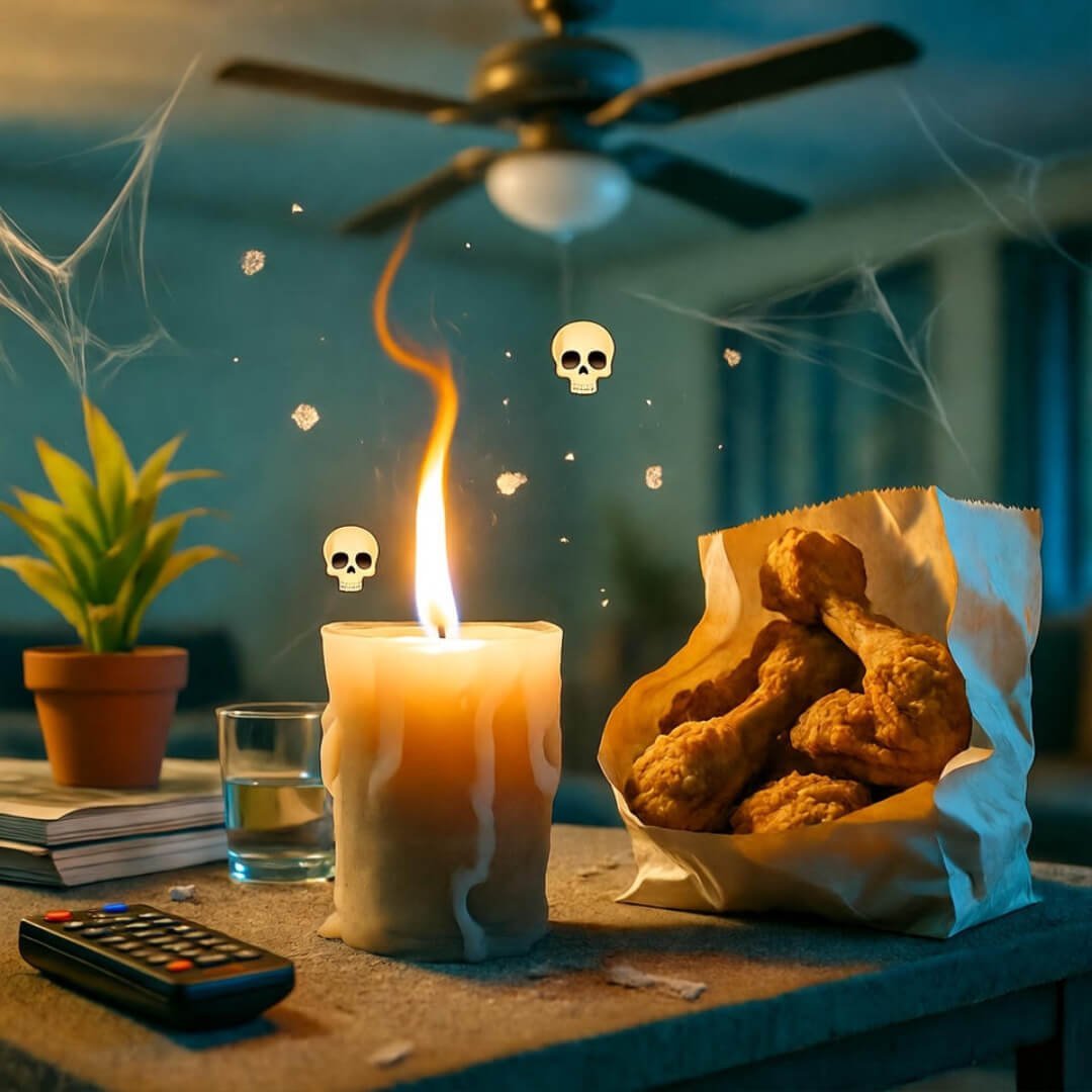 Half-burnt candle flickers beside fried chicken on cluttered table under dusty fan with skull dust. Half-burnt candle flickers beside fried chicken on cluttered table under dusty fan with skull dust.