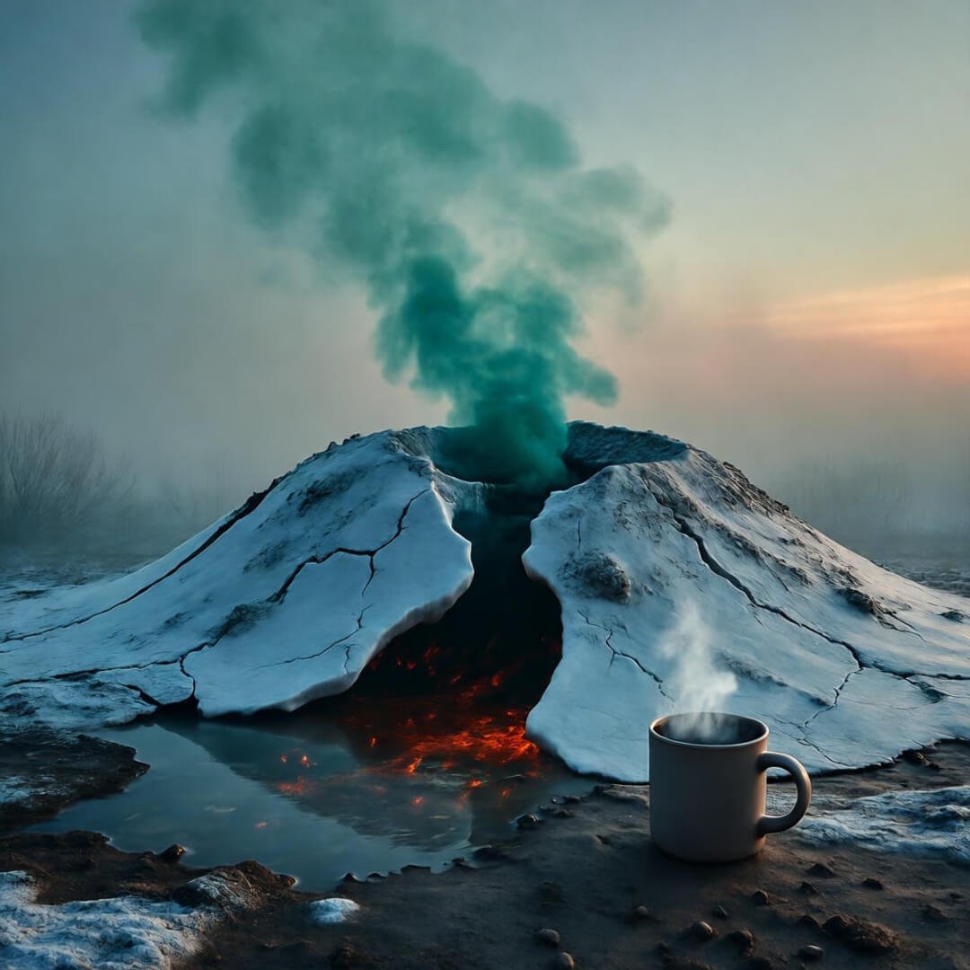 Why Scientists Are Warning About a New Climate Tipping Point Cracked permafrost mound oozes methane into misty dawn; abandoned steaming coffee mug nearby.