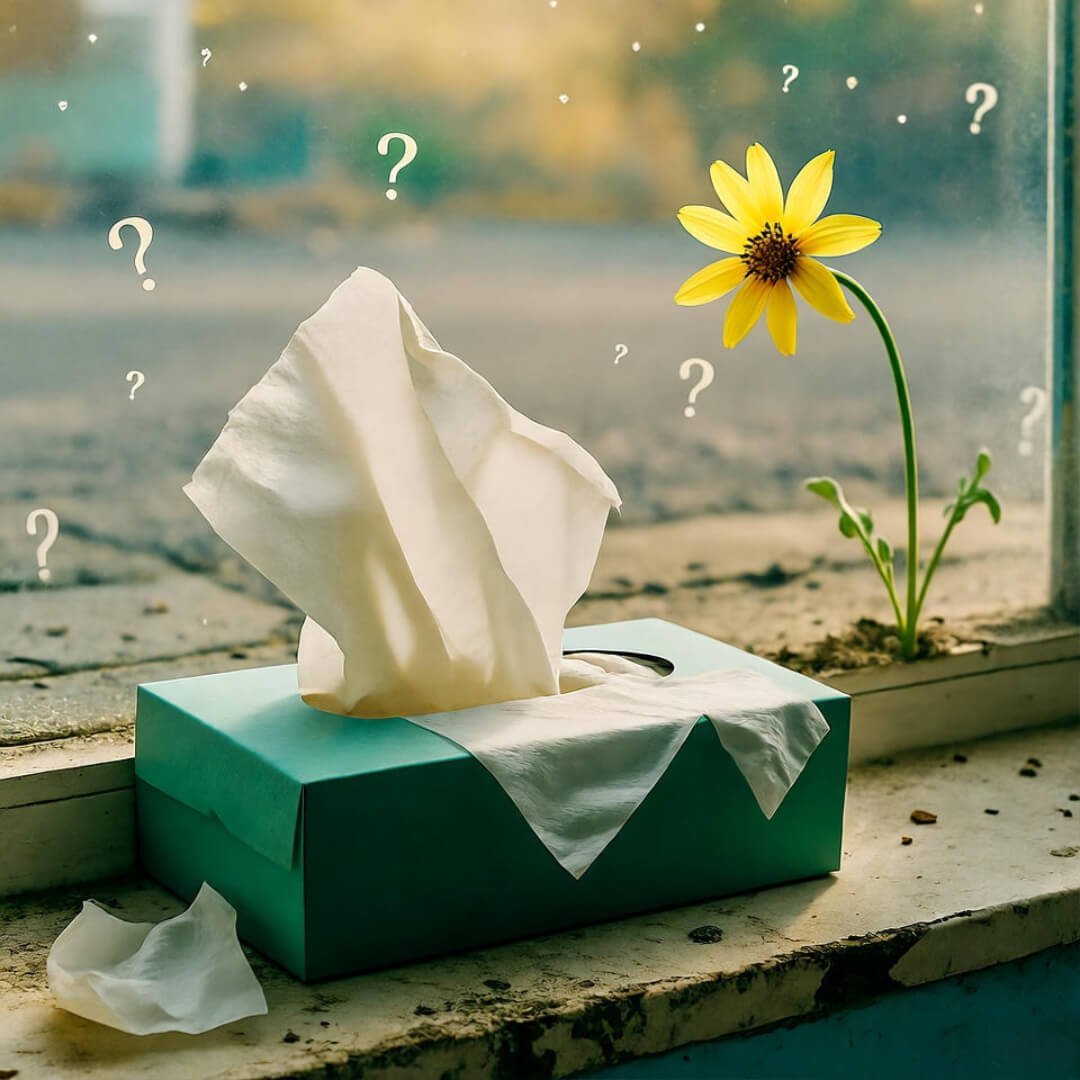 Air Pollution vs. Allergies: What’s Triggering Your Symptoms? A **tissue box** next to a **yellow flower** growing by a window, with **floating question marks**.