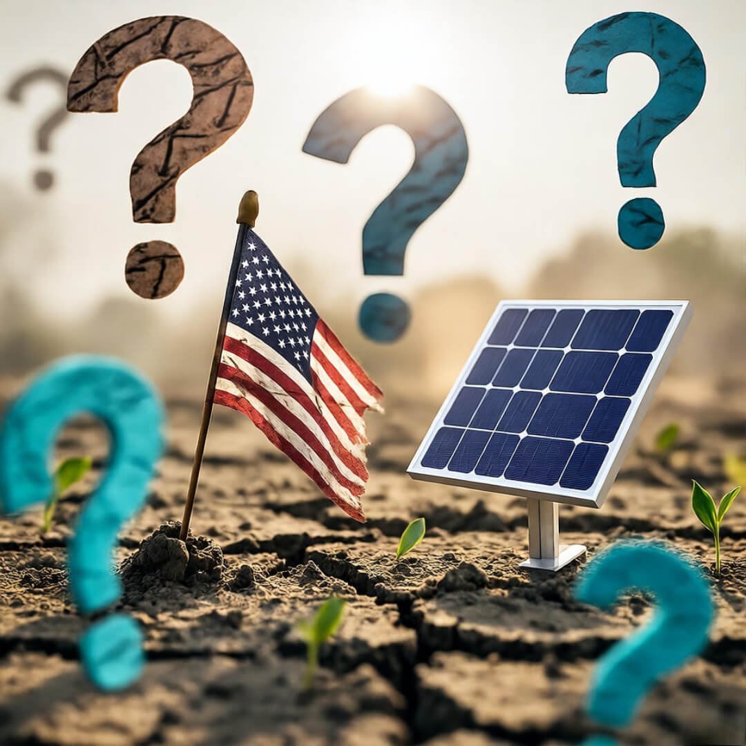 Is Climate Change Reversible? Experts Reveal New Evidence Cracked drought soil with sprouts, faded flag, solar panel, floating teal question marks.