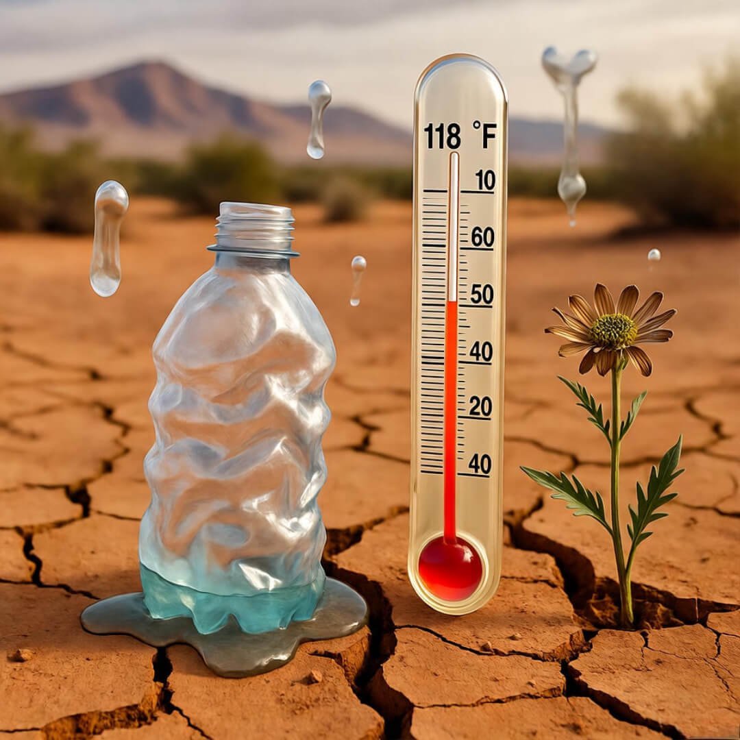 Doctors Warn: Rising Heat Is a Bigger Health Threat Than You Think Half-melted bottle leaks on cracked desert soil beside 118°F thermometer and wilted flower.