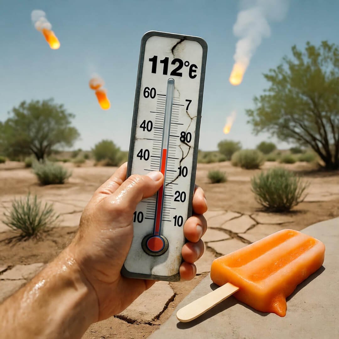 How Hot Is Too Hot? The New Danger Zones Explained Sweaty hand grips cracked 112°F thermometer; melting popsicle, dancing heat devils.