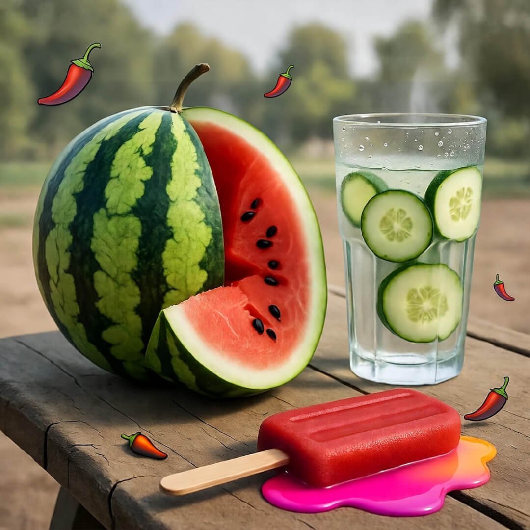 9 Foods That Help Your Body Beat the Heat Naturally Half-eaten watermelon, melting popsicle, and cucumber water on sun-scorched table with floating chili peppers.