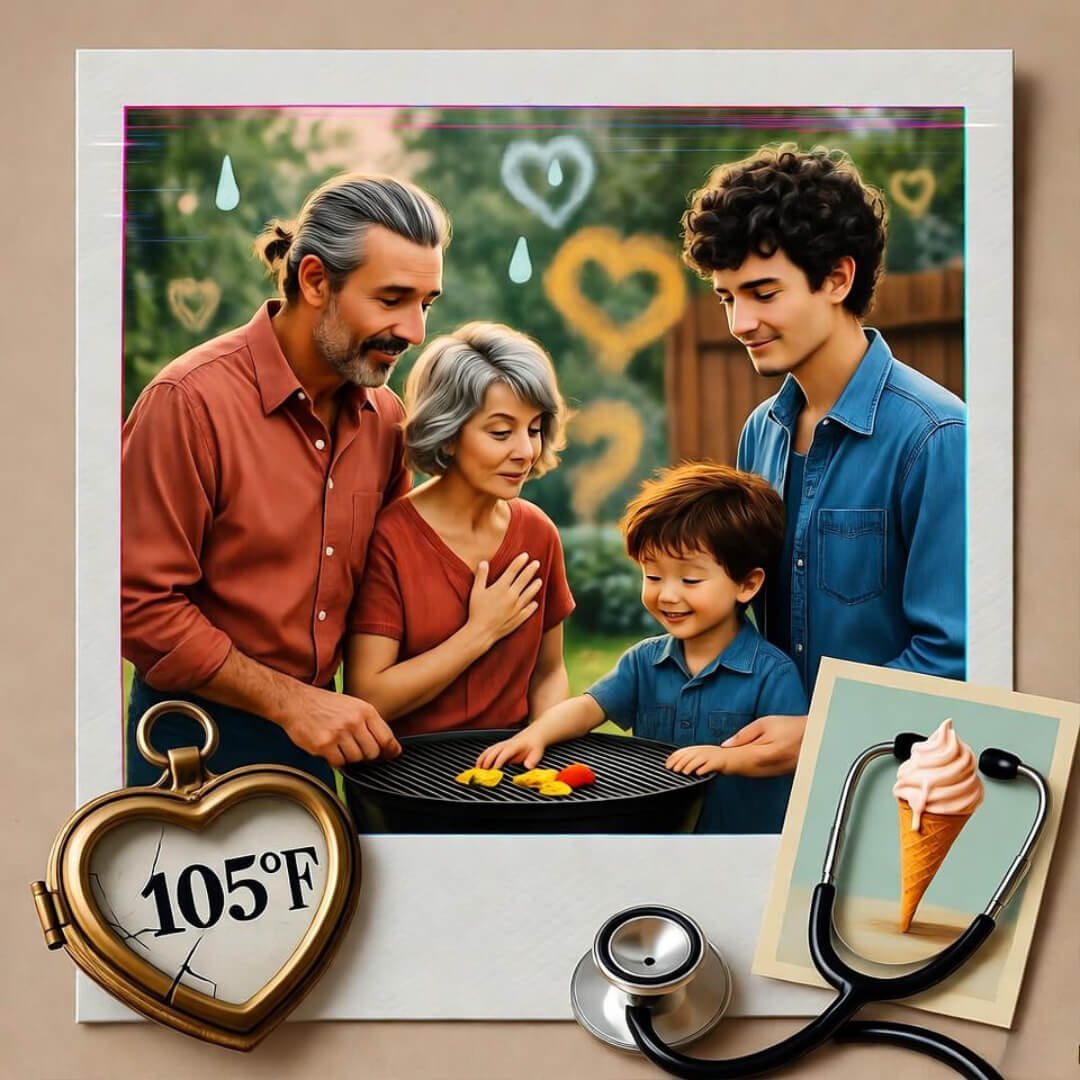 Family grilling in 105°F heat, heart locket thermometer, melting photos, ice cream stethoscope. Family grilling in 105°F heat, heart locket thermometer, melting photos, ice cream stethoscope.