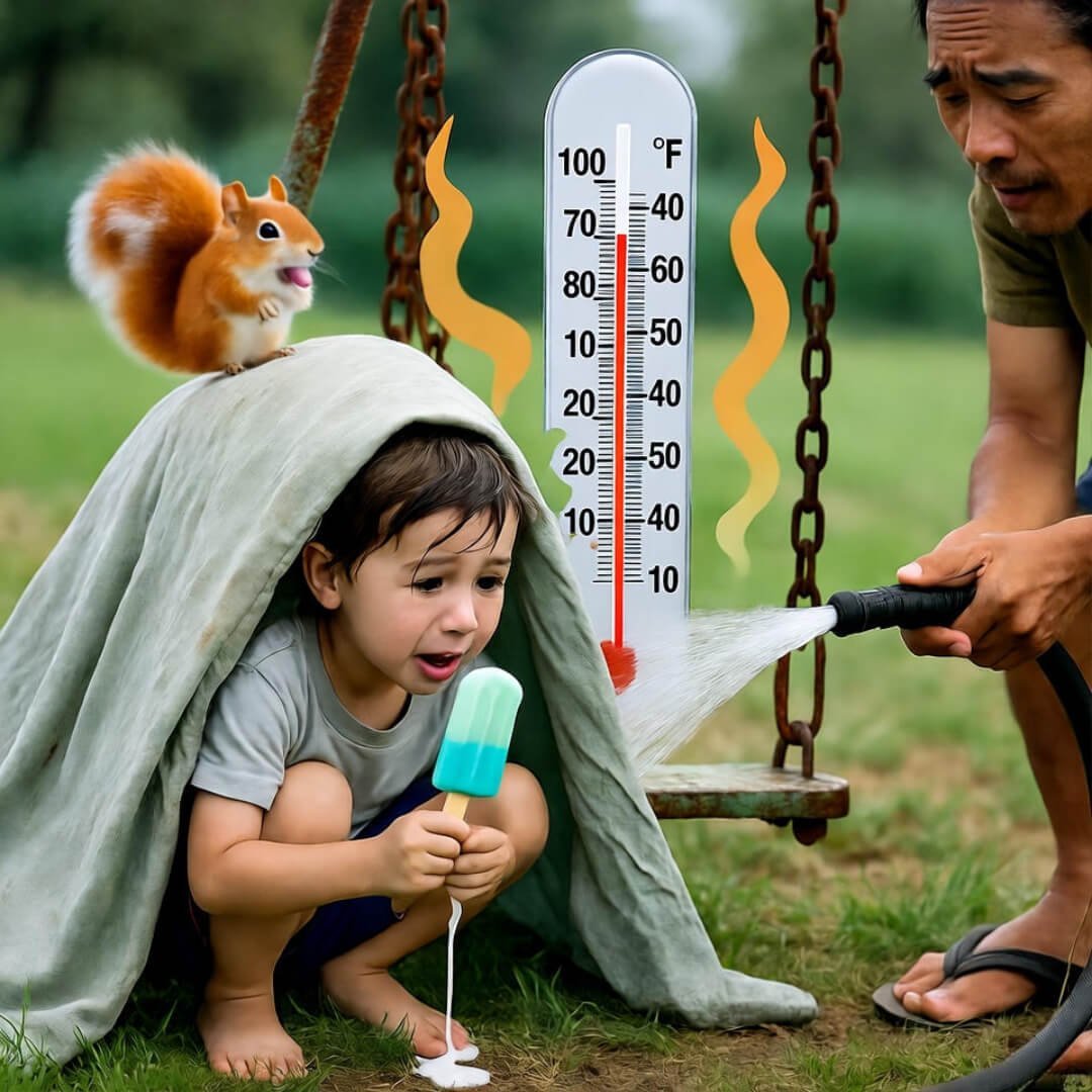 Sweaty kid under bedsheet tent holds melting popsicle as parent sprays hose; 100°F. Sweaty kid under bedsheet tent holds melting popsicle as parent sprays hose; 100°F.