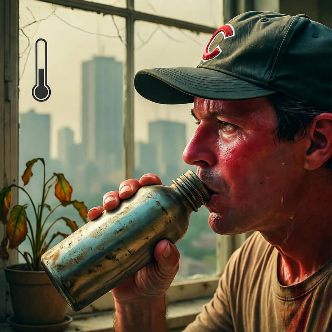 Sweaty man in Cubs cap drinks water, eyes smoggy skyline, wilted plant nearby. Sweaty man in Cubs cap drinks water, eyes smoggy skyline, wilted plant nearby.