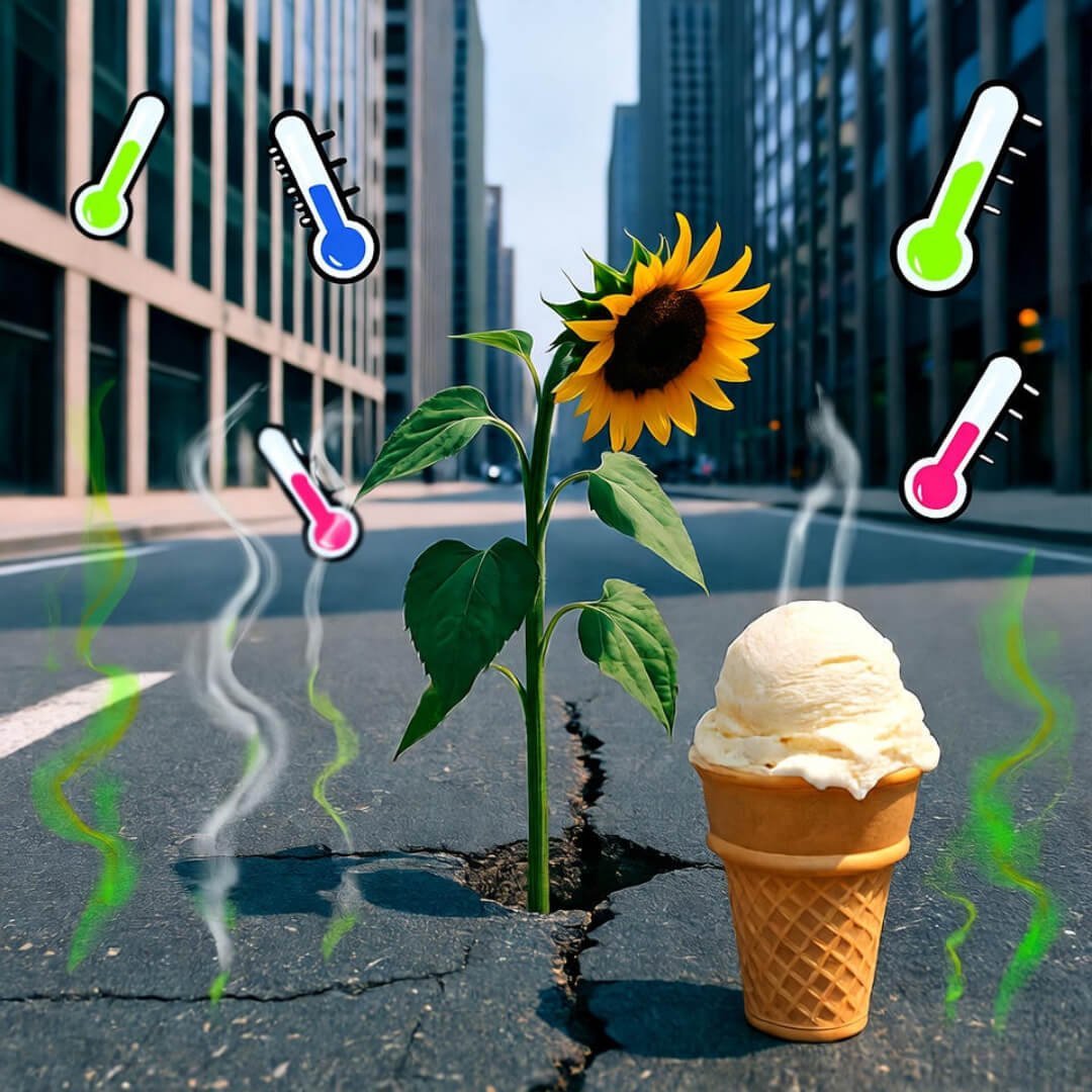 Wilted sunflower in cracked pavement beside melting ice cream, floating thermometers swirl. Wilted sunflower in cracked pavement beside melting ice cream, floating thermometers swirl.