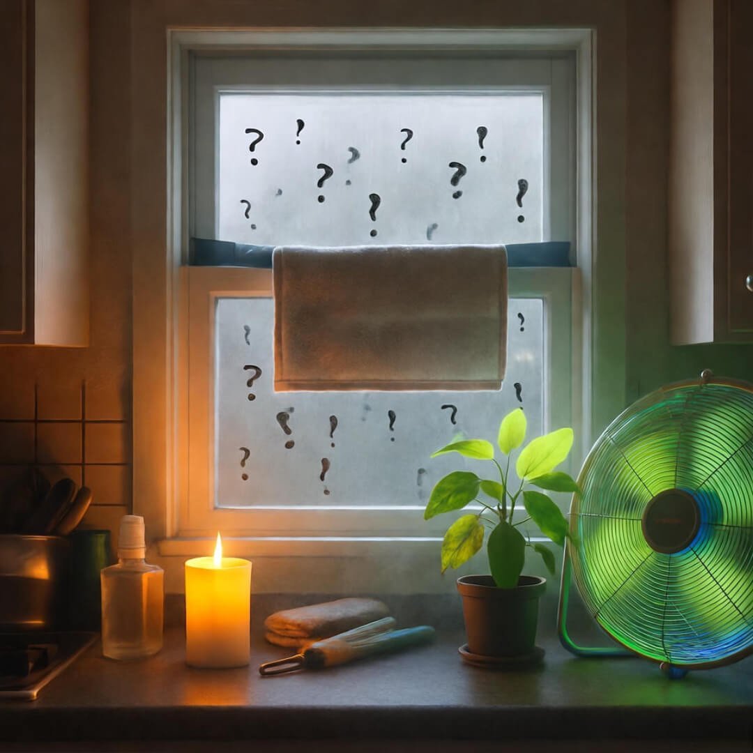 Protect Your Home from Wildfire Smoke with These Quick Fixes Window sealed with tape and towel, flickering candle, wilted plant by fan, question mark ash.