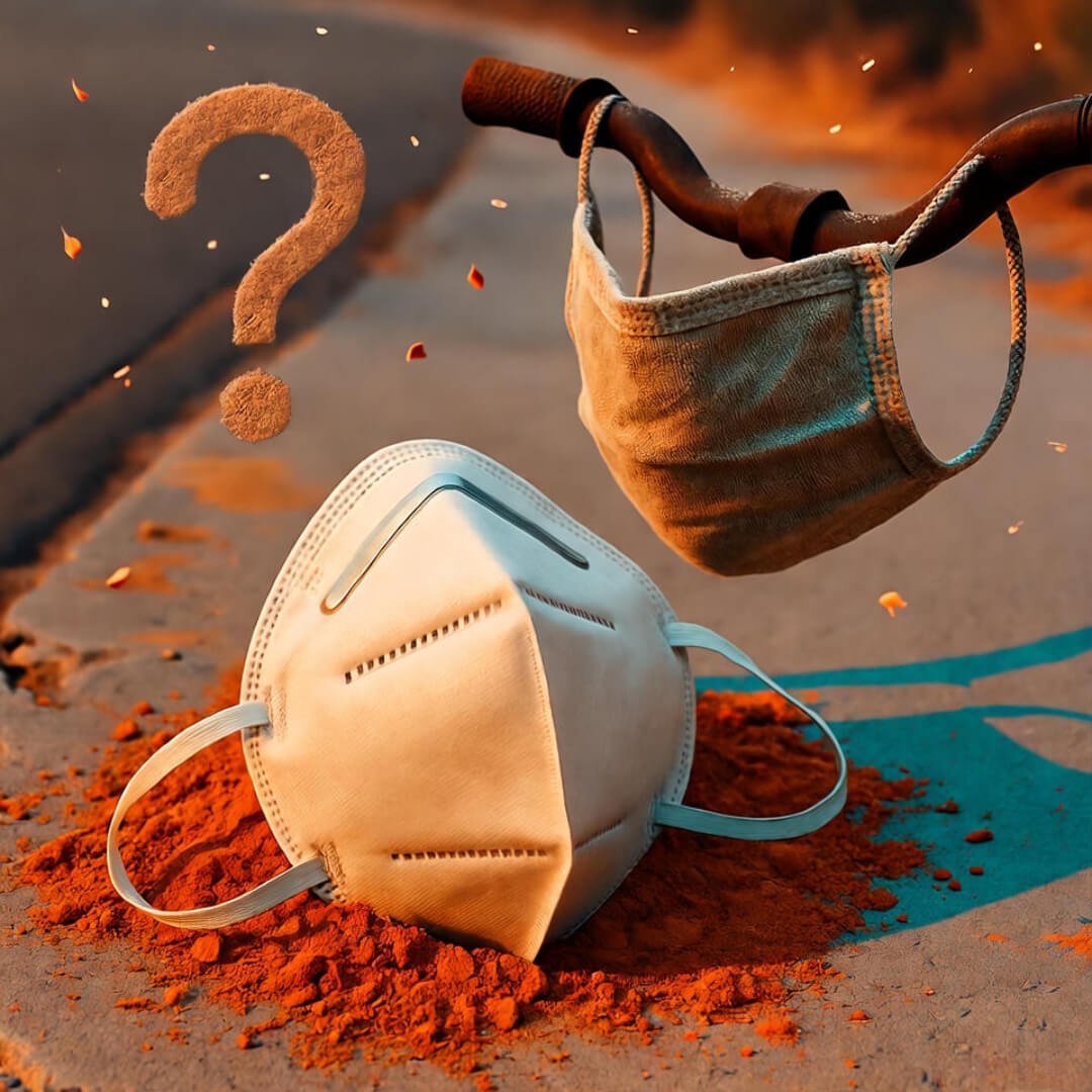 N95 vs Cloth Masks: Which Actually Works Against Smoke? N95 mask half-buried in ash; cloth mask on bike; embers form question marks.