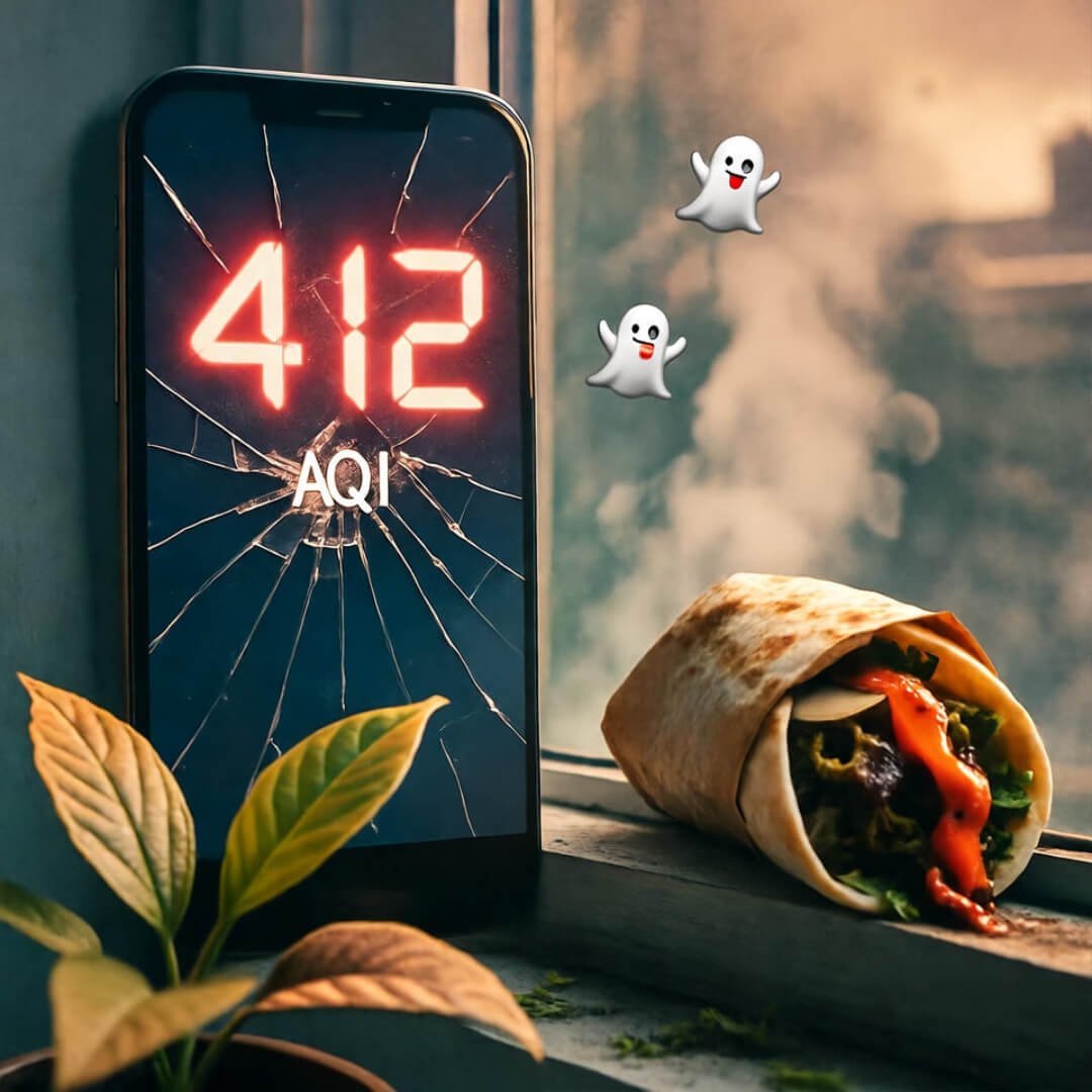 What to Do When the Air Quality Turns “Hazardous” Cracked phone shows AQI 412 amid smog, wilted leaf, abandoned burrito, ghost emojis float.