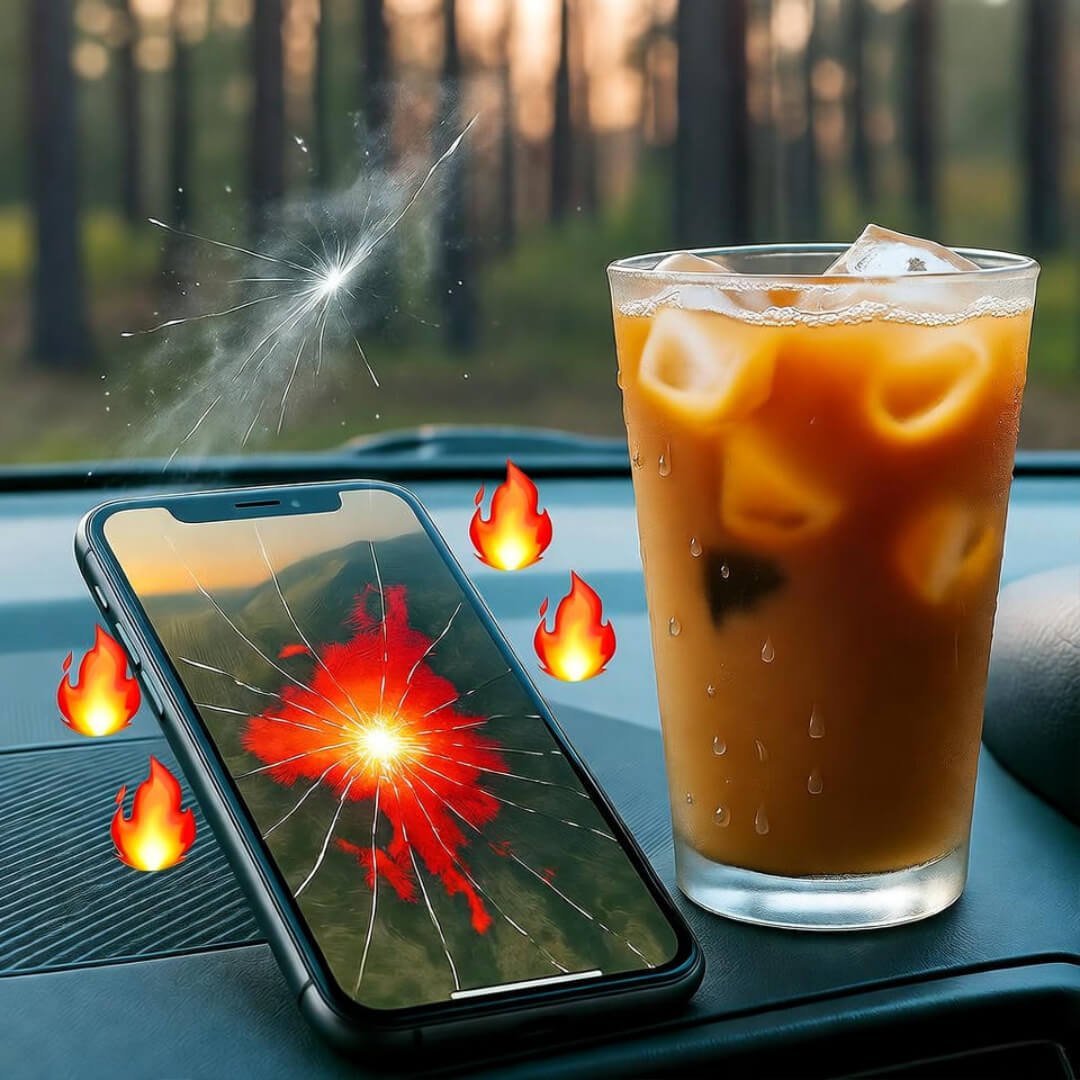 Wildfire Map Near You: How to Track Fires in Real Time Cracked phone shows wildfire map; iced coffee sweats beside whispering flame emojis.