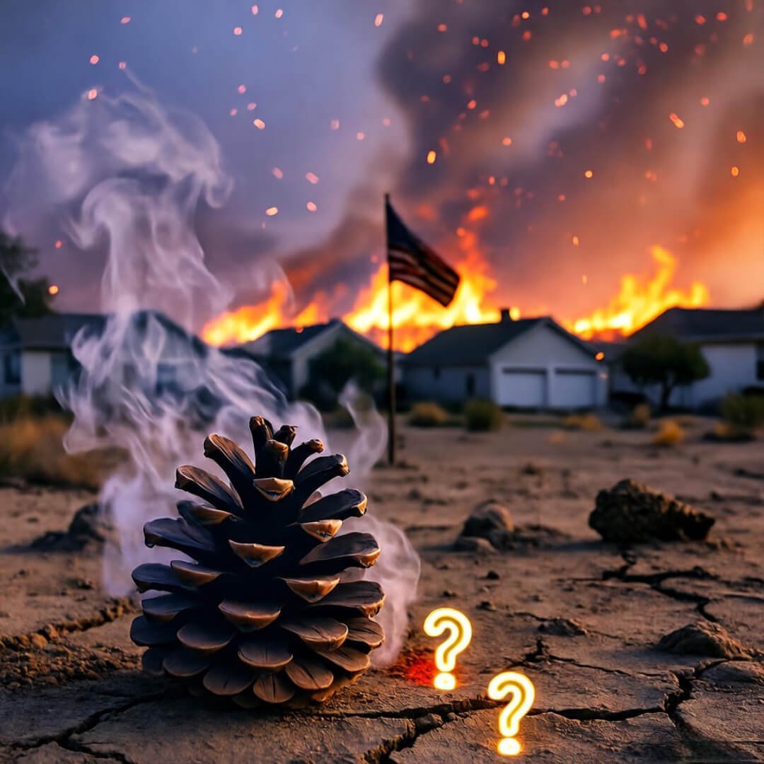 Charred pine cone smolders on cracked earth; burning homes and wilted flag under twilight sky. Charred pine cone smolders on cracked earth; burning homes and wilted flag under twilight sky.