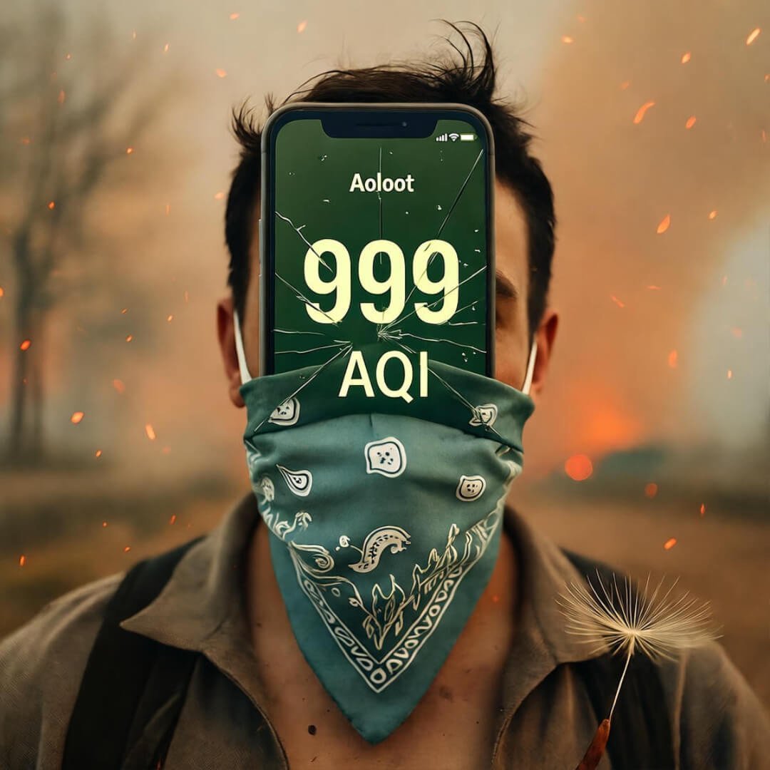 Runner with phone-face showing 999 AQI, bandana mask down, embers in hazy orange sky. Runner with phone-face showing 999 AQI, bandana mask down, embers in hazy orange sky.