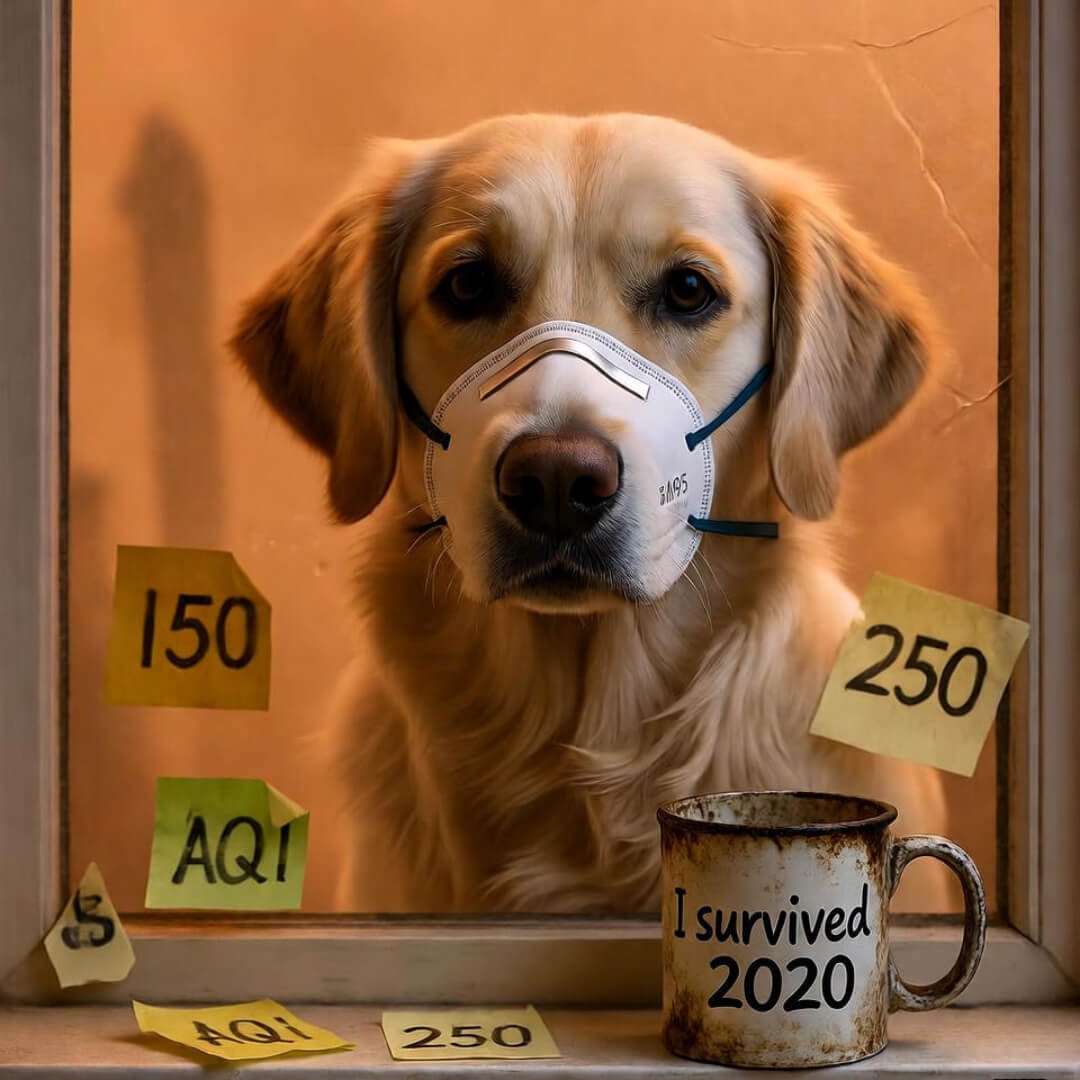 Golden retriever with crooked N95 mask, hazy orange smoke, "I survived 2020" mug, AQI sticky notes. Golden retriever with crooked N95 mask, hazy orange smoke, "I survived 2020" mug, AQI sticky notes.