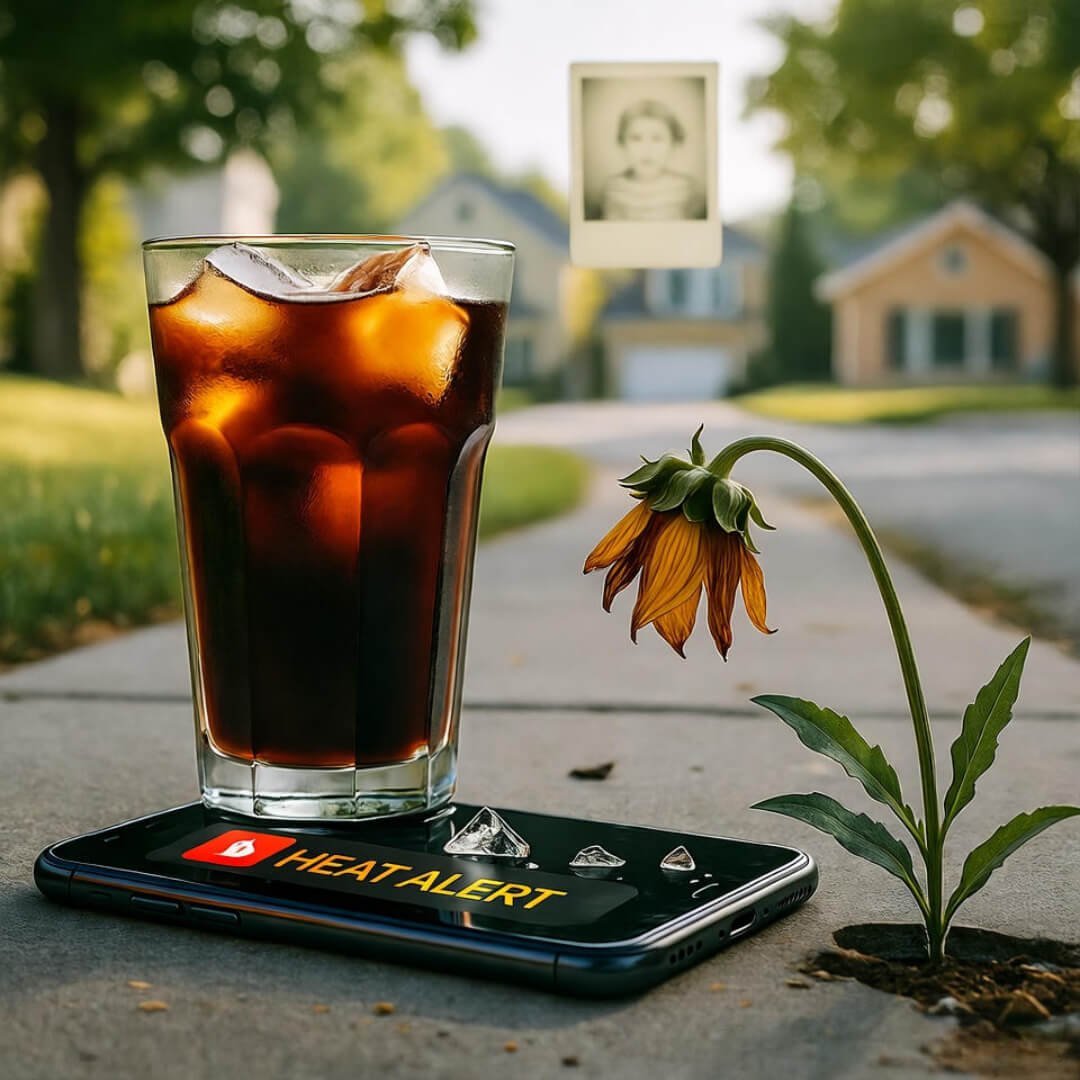The Surprising Ways Climate Change Is Affecting Your Daily Life Melted iced coffee drips on cracked phone showing heat alert; wilted flower in sidewalk.