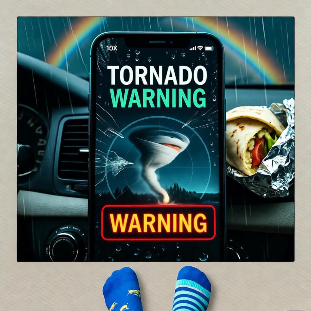 Extreme Weather Is Getting Worse — Here’s What You Must Know Cracked phone shows tornado warning amid rain, burrito on dash, rainbow beyond.