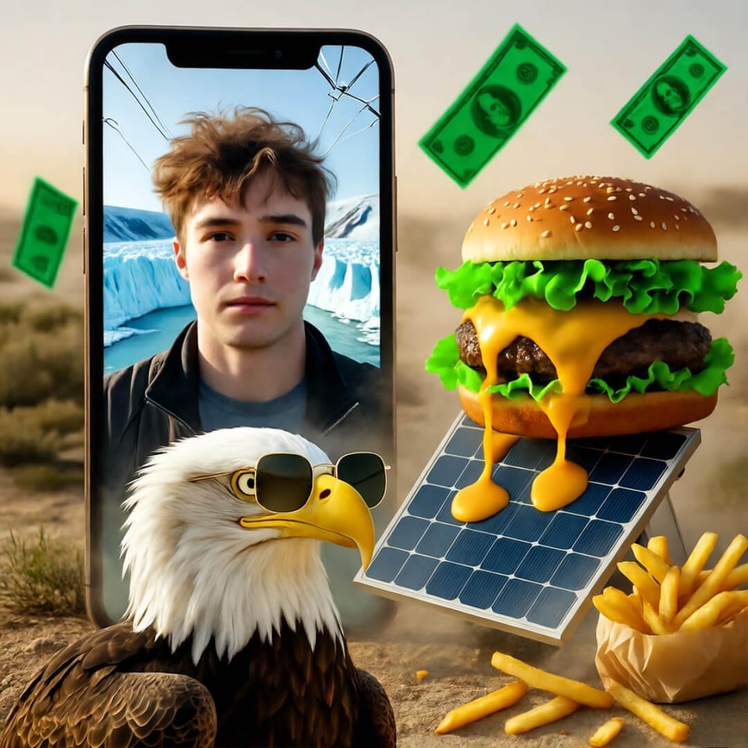 Climate Crisis: The Biggest Winners and Losers in 2025 Cracked phone selfie over melting glacier, burger drips on solar panel, eagle in sunglasses.
