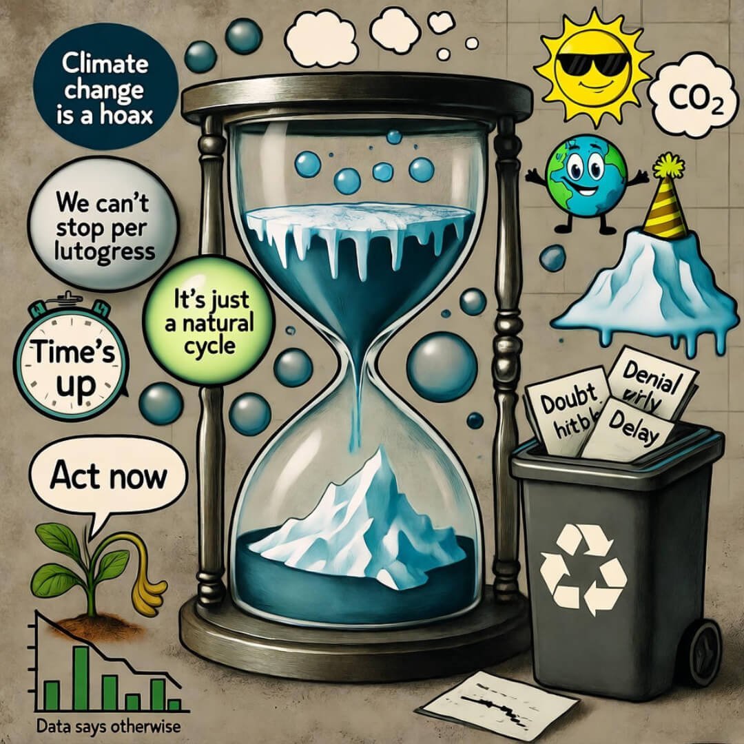 10 Climate Myths Everyone Still Believes (Debunked!) Shattered hourglass melts ice caps; denial bubbles pop by overflowing recycle bin.