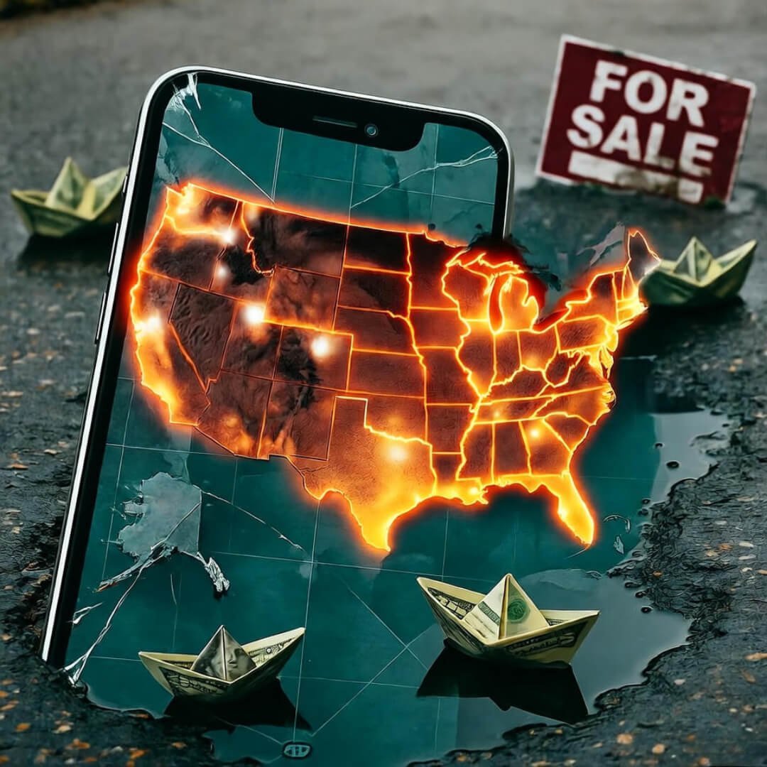 USA Cities Most at Risk of Flooding (Is Yours on the List?) Cracked phone with flood-risk map, dollar origami boats, soggy "For Sale" sign in puddle.