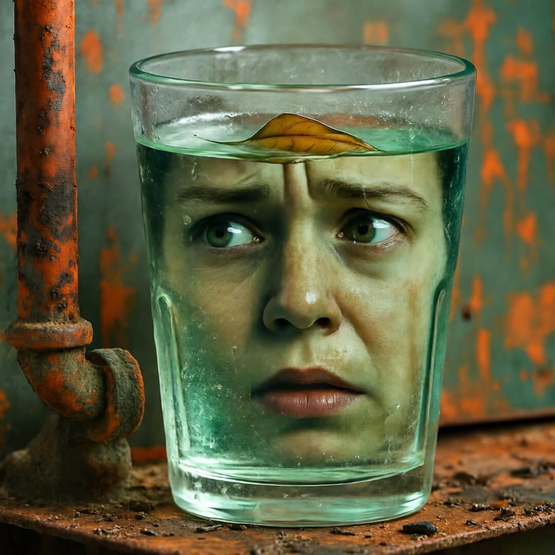 Grimy glass with greenish water, tired face reflected, rusty pipe, floating leaf. Grimy glass with greenish water, tired face reflected, rusty pipe, floating leaf.