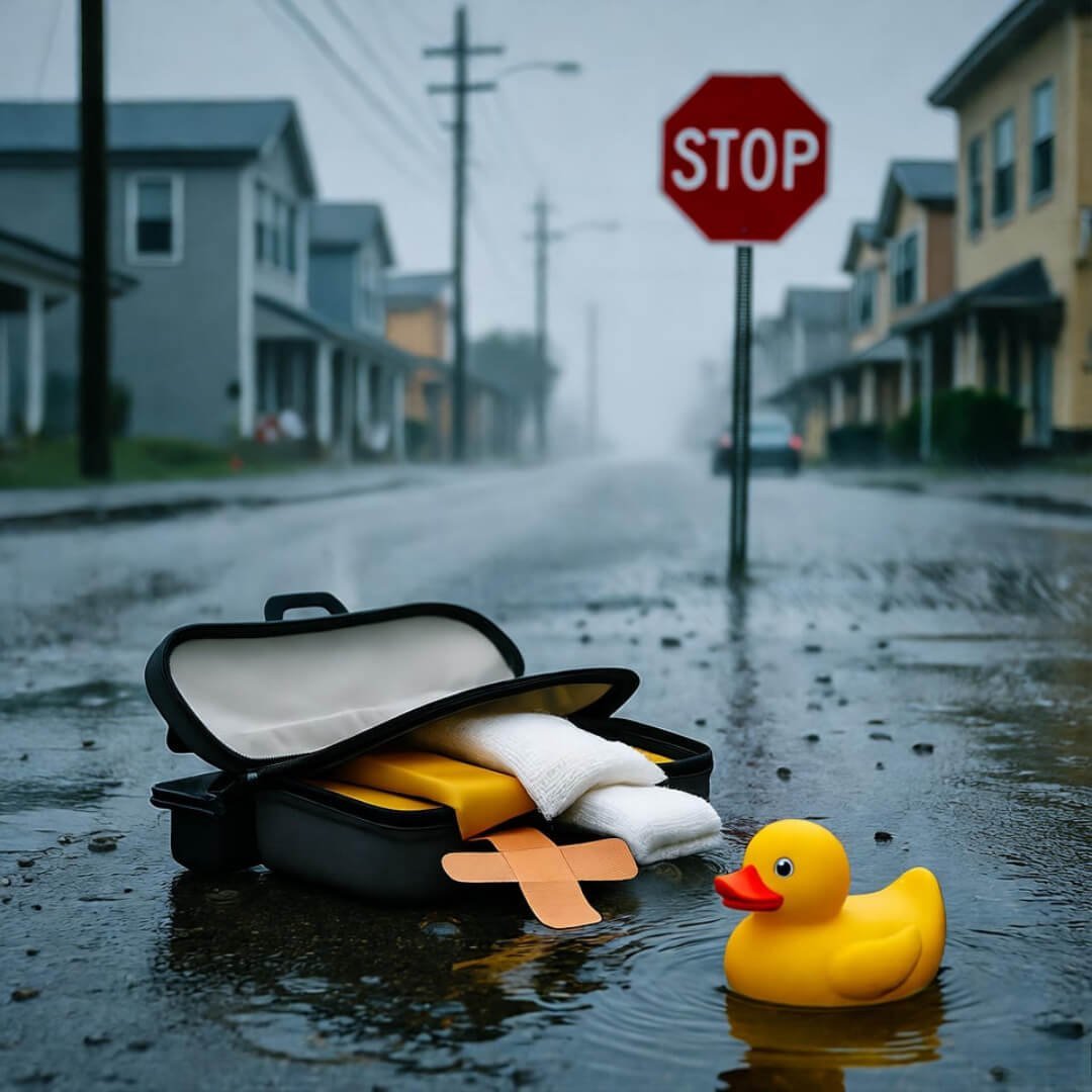 Crooked stop sign, spilled emergency kit, rubber duck in stormy puddle. Crooked stop sign, spilled emergency kit, rubber duck in stormy puddle.