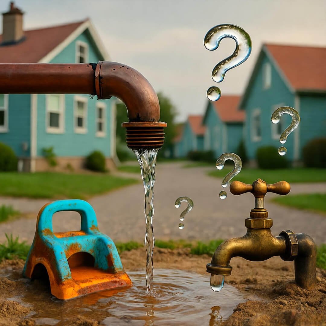 How Aging Water Pipes Are Putting Communities at Risk Rusty water drips from cracked copper pipe onto faded sandbox toy; floating water question marks.