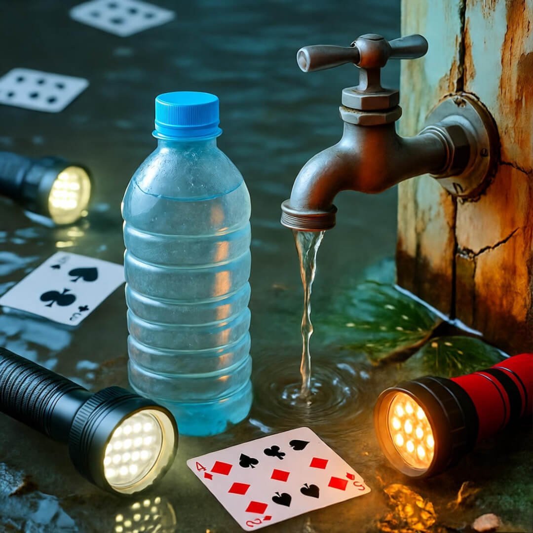 Bottled vs Tap Water: Which Is Really Safer During Disasters? Half-empty water bottle floats in murky floodwater beside dripping cracked faucet, flashlights illuminate scattered losing poker cards.