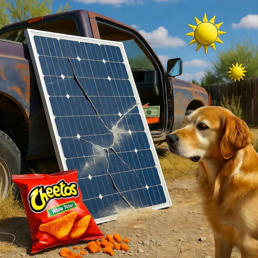 Solar Power Myths That Are Costing You Money Cracked solar panel, confused dog, spilled Cheetos, rusty truck—money turns to suns in dusty regret.