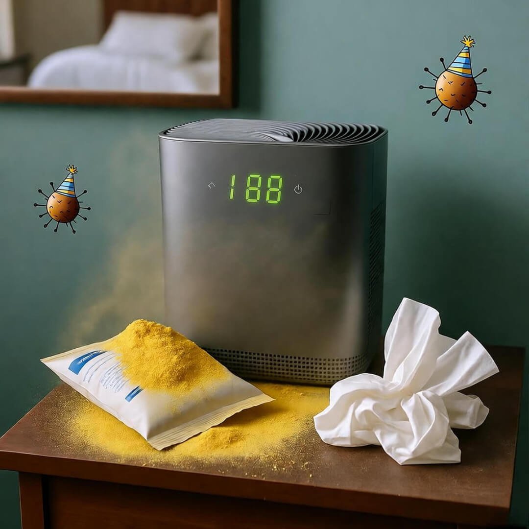 Best Air Purifiers for Allergy Relief (Expert Reviewed) Air purifier battles mustard-yellow pollen amid tissues and partying cartoon allergens.