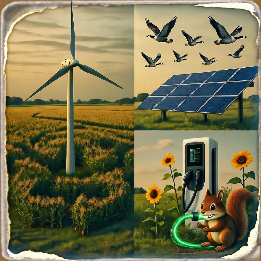 Going Green? The Best States for Renewable Energy in 2025 Vintage Polaroid collage: wind turbine in corn maze, solar geese, squirrel chewing green cable.