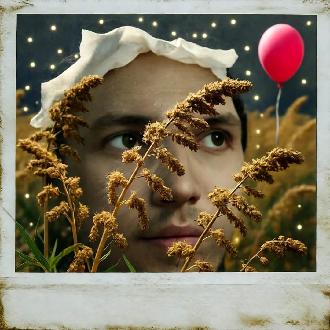 Sneezing face buried in tissue amid glowing pollen and tangled red balloon. Sneezing face buried in tissue amid glowing pollen and tangled red balloon.