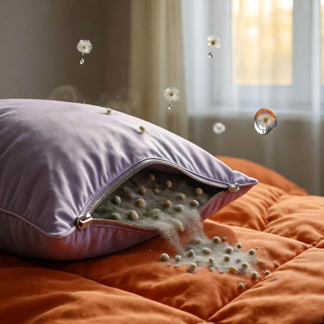 Lavender pillowcase spills dust-mite confetti on orange comforter; pollen droplets float mid-air. Lavender pillowcase spills dust-mite confetti on orange comforter; pollen droplets float mid-air.