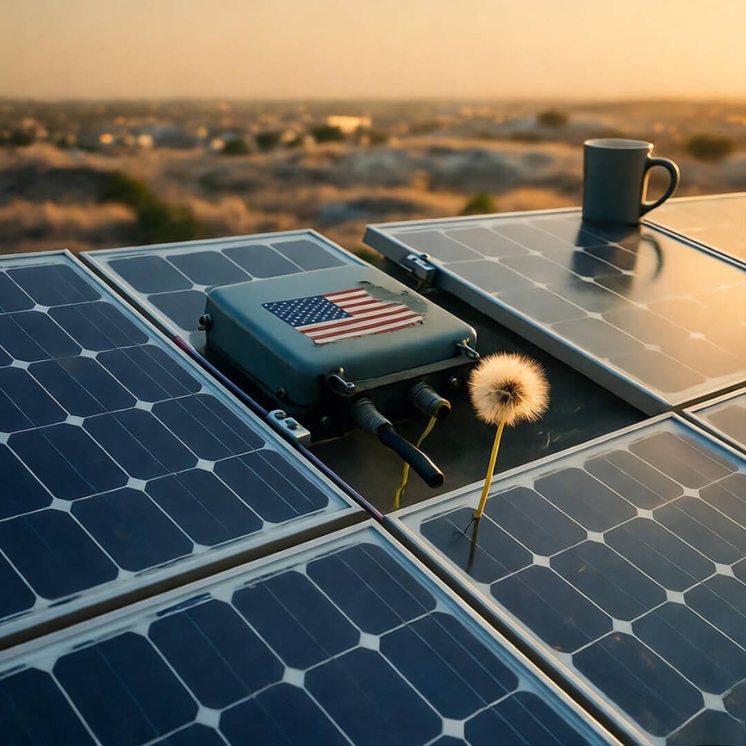 How Solar Panels Can Boost Your Home Value Crooked solar panel at golden hour, dandelion sprouting, peeling flag sticker, coffee mug teetering.