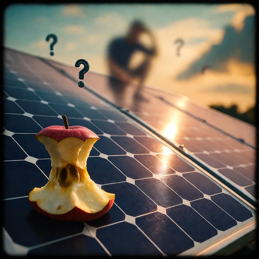 Renewable Energy and Health: The Benefits You Didn’t Expect Solar panel at sunset with apple core and floating bottle-cap question marks.