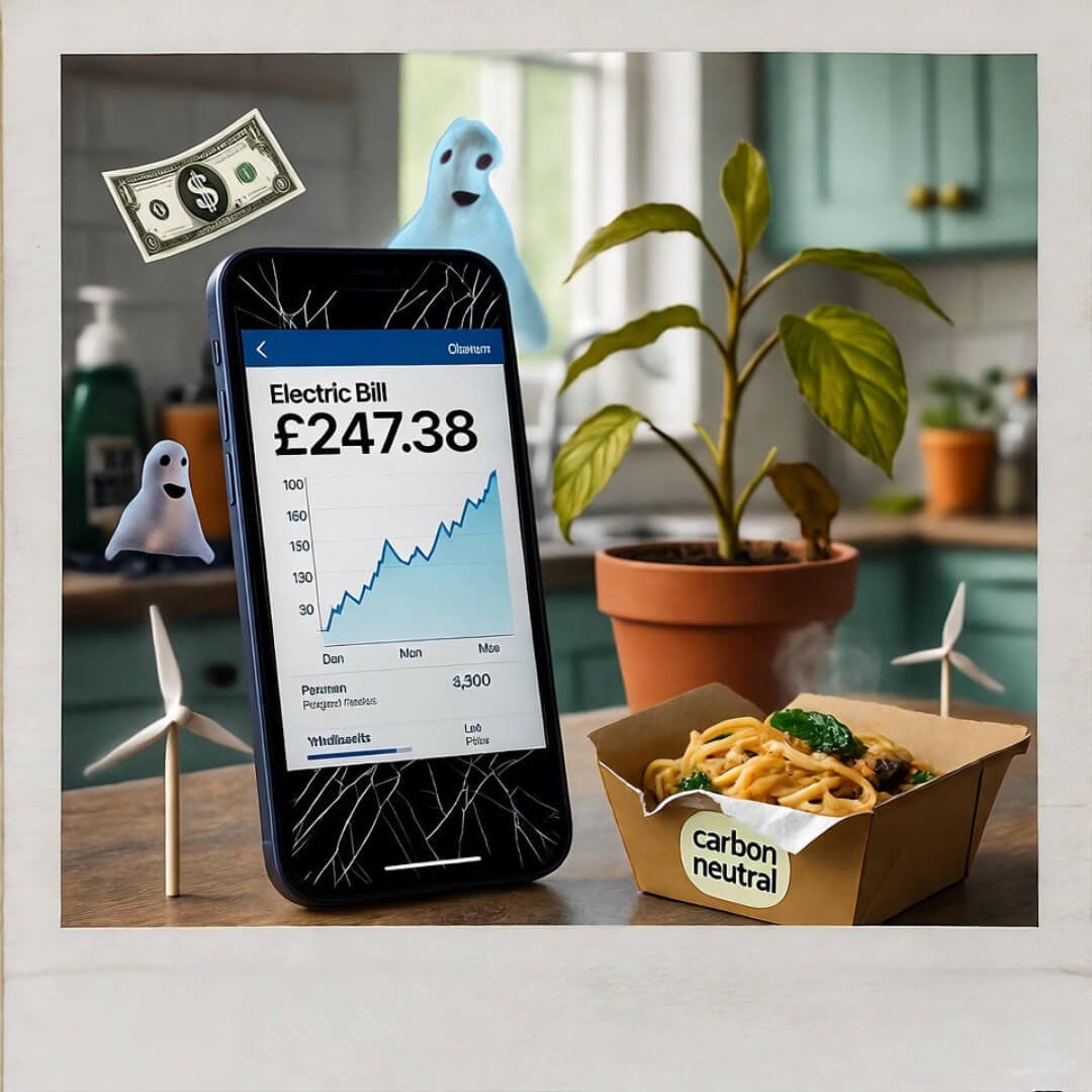 Cracked phone shows soaring electric bill beside wilted plant and peeling carbon-neutral takeout. Cracked phone shows soaring electric bill beside wilted plant and peeling carbon-neutral takeout.