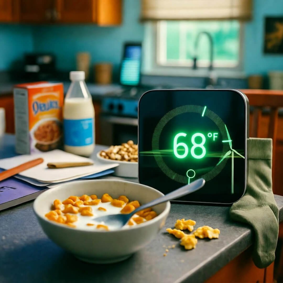 Half-eaten cereal bowl beside glowing 68°F thermostat, mismatched sock dangles, wind turbine reflection. Half-eaten cereal bowl beside glowing 68°F thermostat, mismatched sock dangles, wind turbine reflection.
