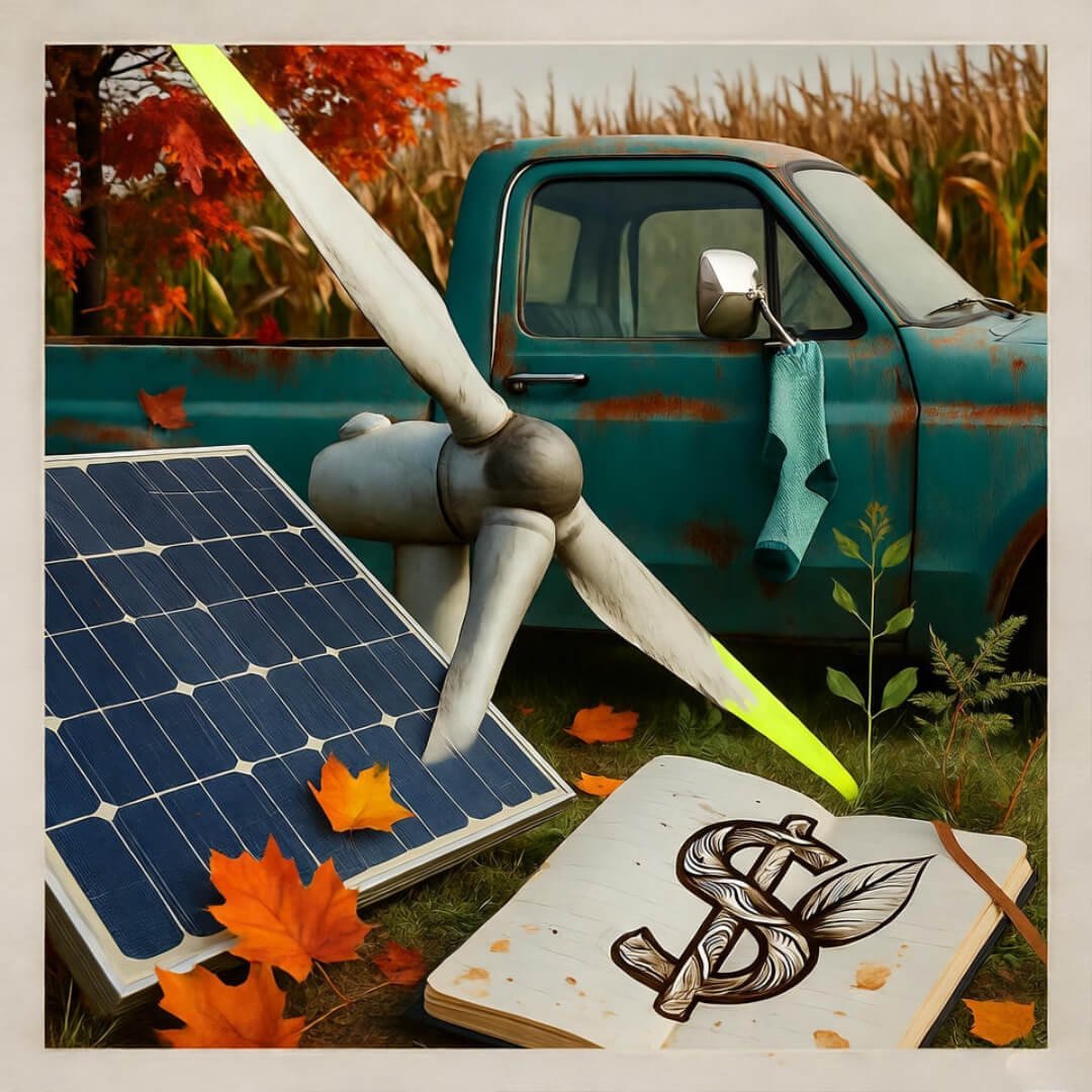 Rusty truck with wind blade, solar panels in leaves, dollar-leaf doodle. Polaroid style. Rusty truck with wind blade, solar panels in leaves, dollar-leaf doodle. Polaroid style.