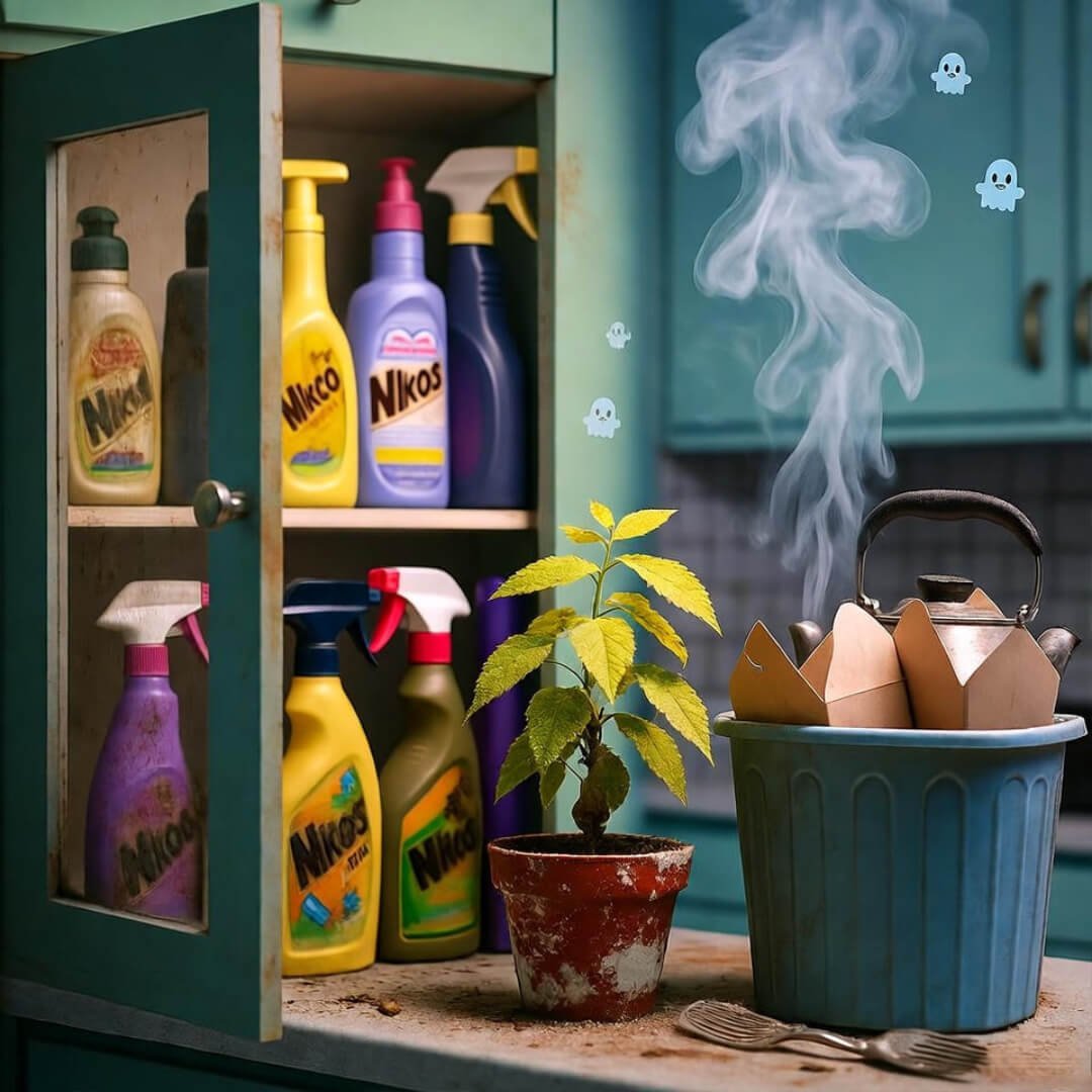 Indoor Air Quality: 12 Hidden Toxins in Your Home Cluttered kitchen: wilting plant, overflowing trash, ghost-faced steam, faded sprays.
