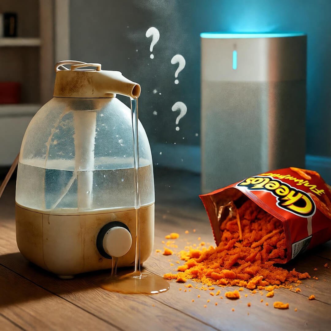 Humidifier vs Air Purifier — Which Do You Actually Need? Leaky dusty humidifier, glowing purifier, spilled Cheetos, question-mark dust motes.