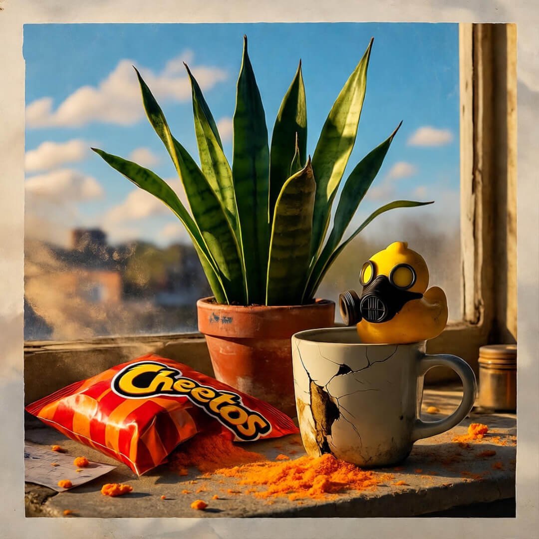 Drooping snake plant in chipped mug, Cheetos dust, gas-masked duck on dusty Arizona windowsill. Drooping snake plant in chipped mug, Cheetos dust, gas-masked duck on dusty Arizona windowsill.