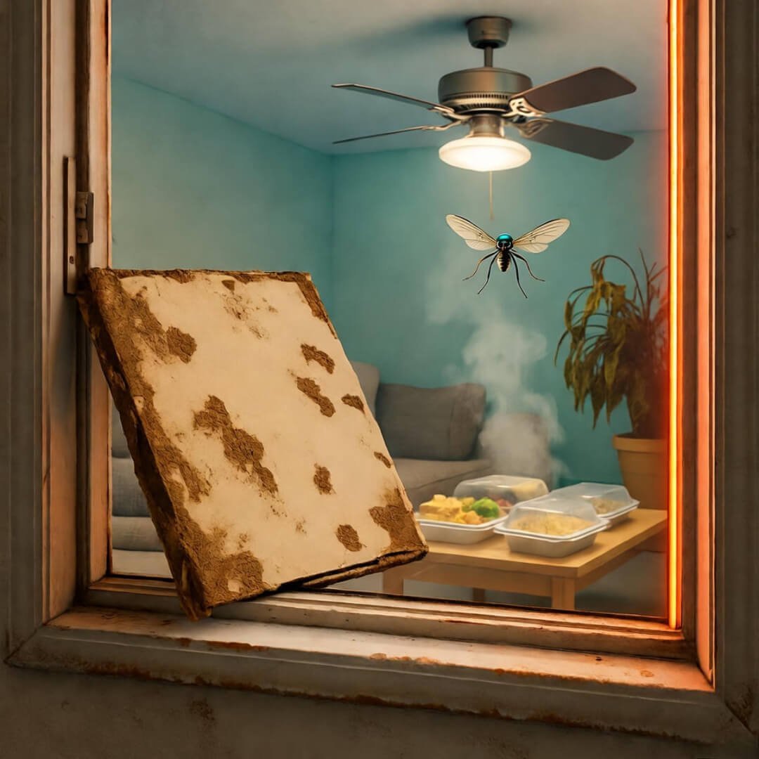 Top Ventilation Mistakes That Ruin Your Air Quality Puffy red eyes in foggy mold-streaked mirror, tissues and pills below.