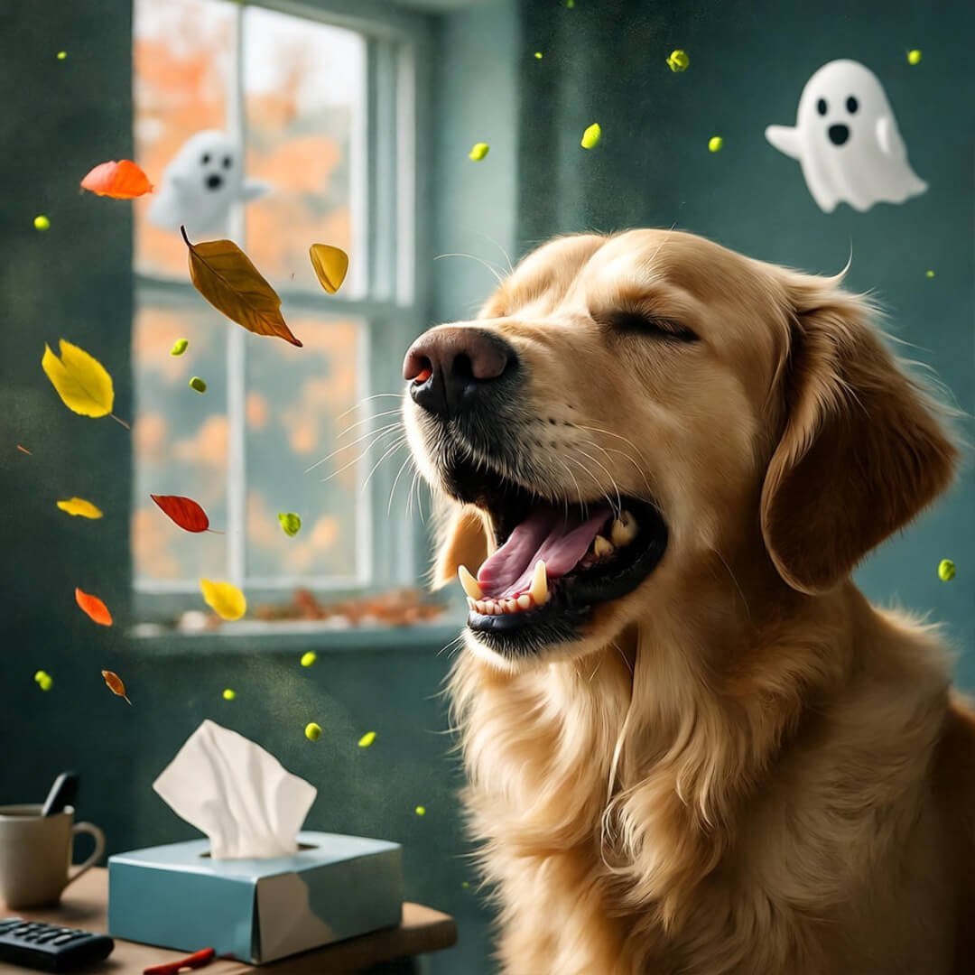 Golden retriever sneezing amid pollen, leaves, and cartoon allergy ghosts. Golden retriever sneezing amid pollen, leaves, and cartoon allergy ghosts.