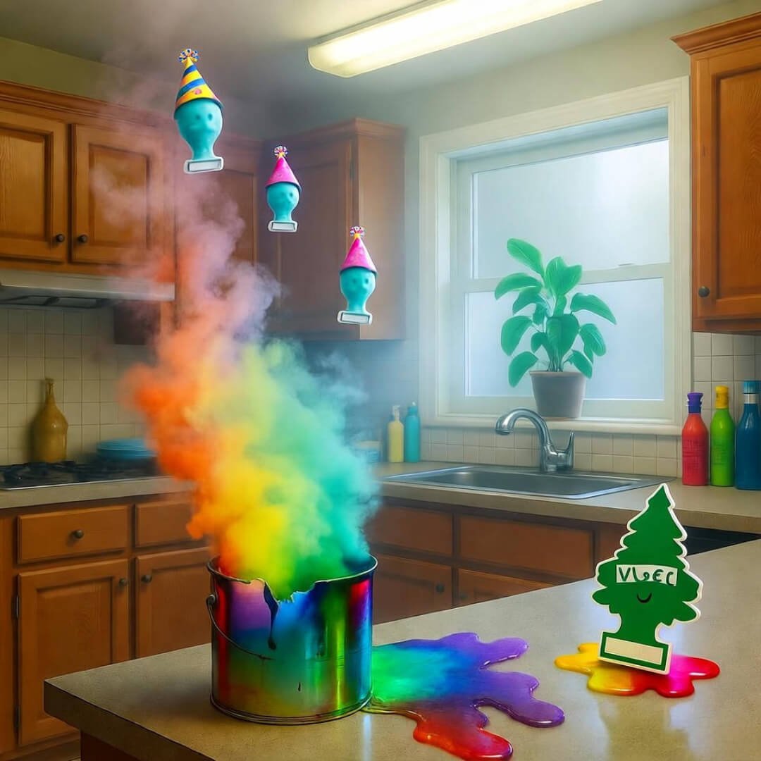 Paint can spills rainbow fumes; party-hat VOC ghosts float in hazy kitchen. Paint can spills rainbow fumes; party-hat VOC ghosts float in hazy kitchen.