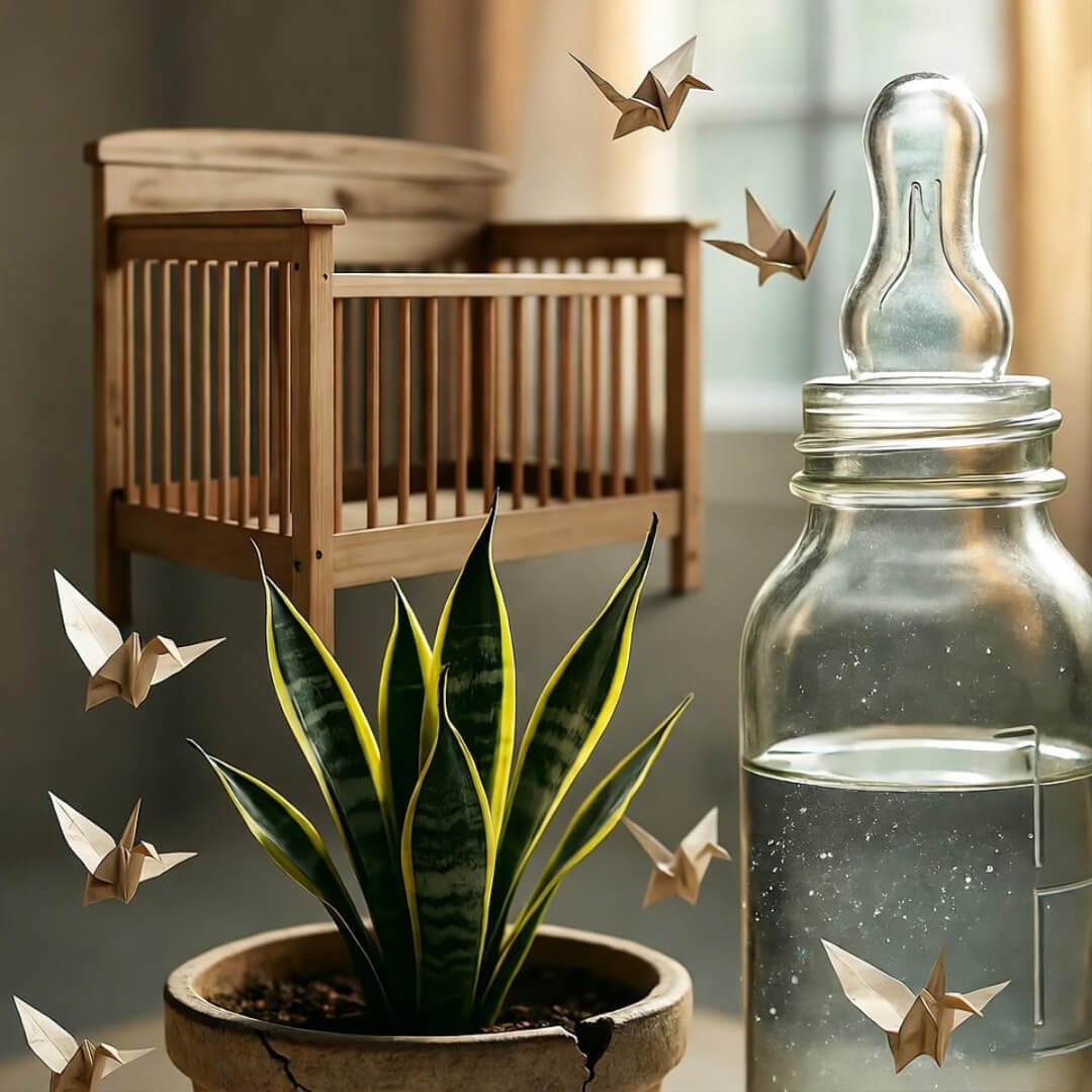 How to Build a Pollution-Free Nursery for Newborns? Half-built wooden crib, vintage bottle, snake plant, and floating origami cranes in soft light.
