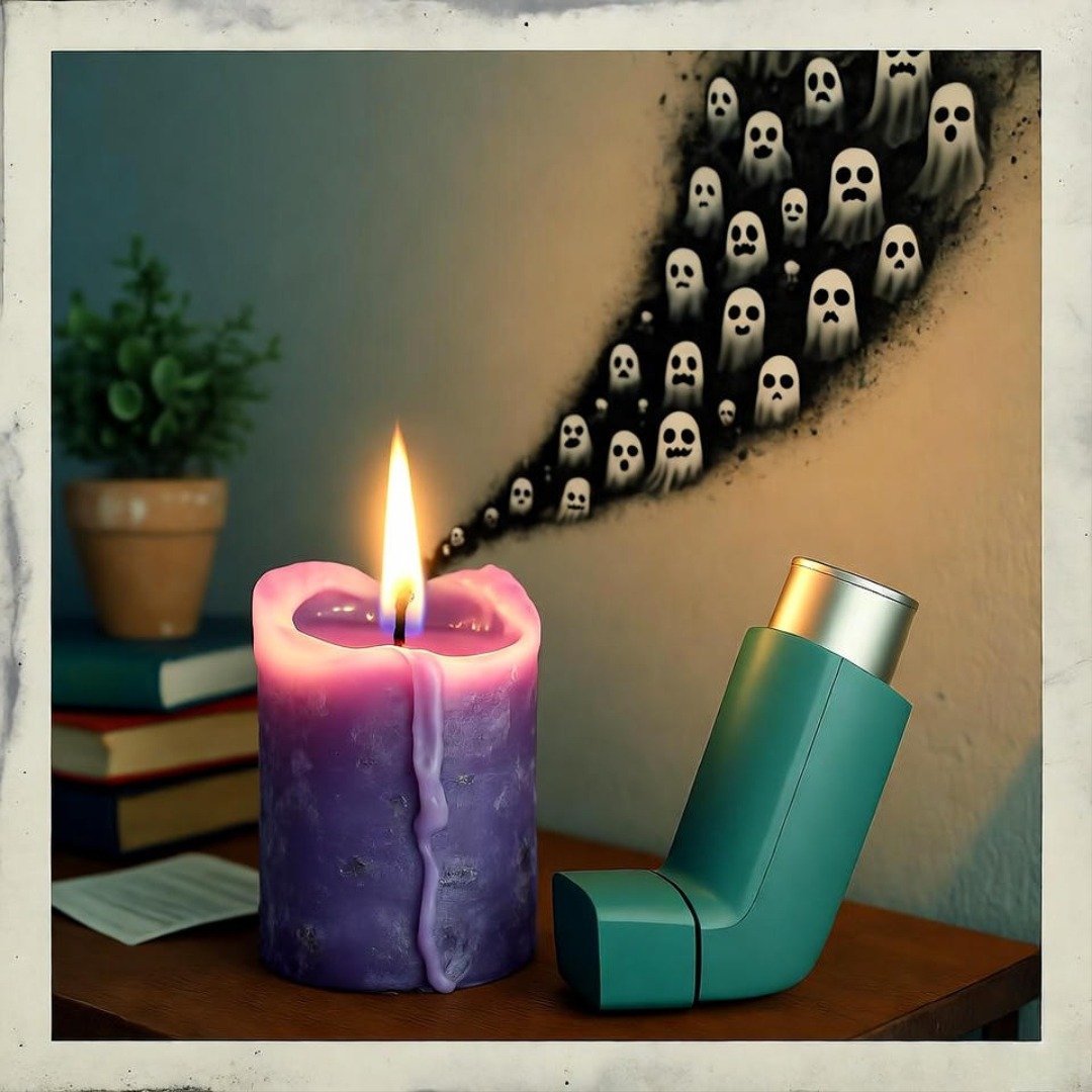 Half-melted purple candle flickers beside teal asthma inhaler on cluttered nightstand, ghostly smoke trails rise. Half-melted purple candle flickers beside teal asthma inhaler on cluttered nightstand, ghostly smoke trails rise.