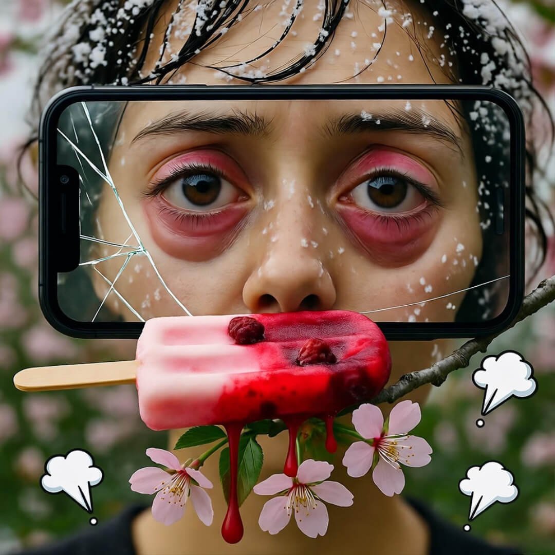 Cracked phone selfie: swollen eyes, melting popsicle, cherry blossoms, sneeze clouds. Cracked phone selfie: swollen eyes, melting popsicle, cherry blossoms, sneeze clouds.
