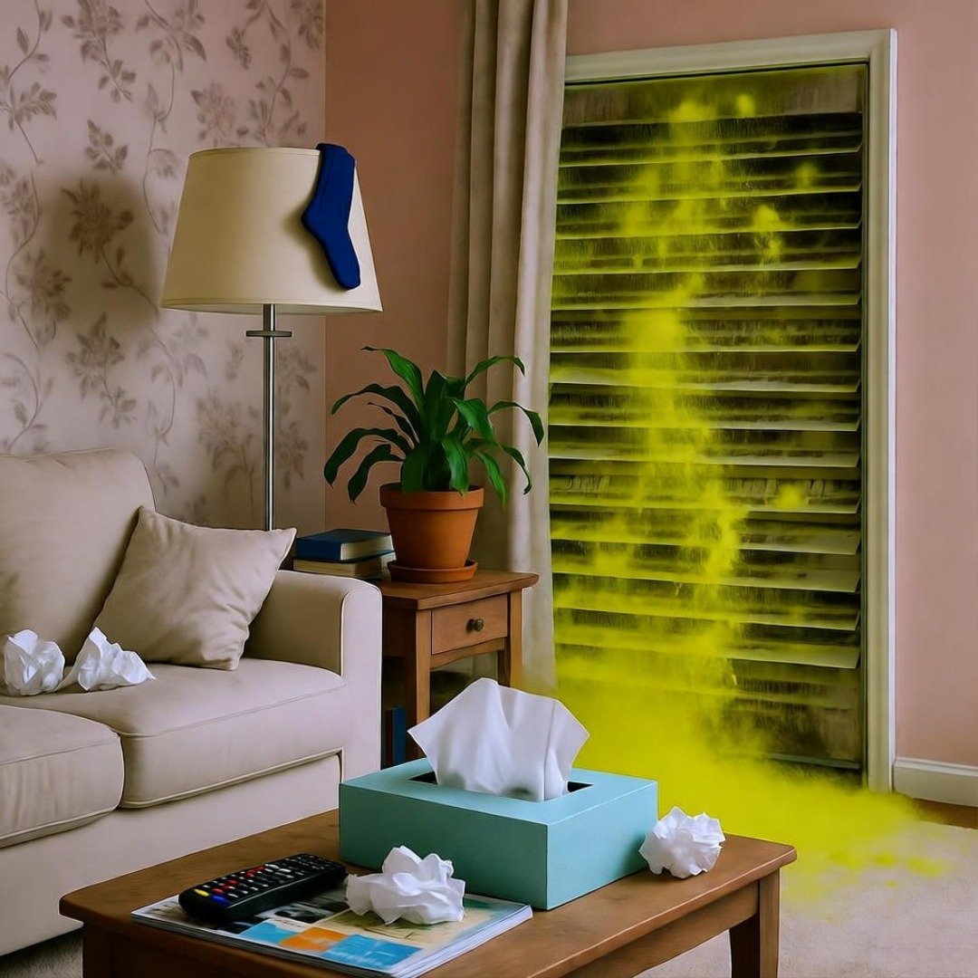 Messy living room with dusty vent, spilled tissues, droopy plant, sock on lamp. Messy living room with dusty vent, spilled tissues, droopy plant, sock on lamp.